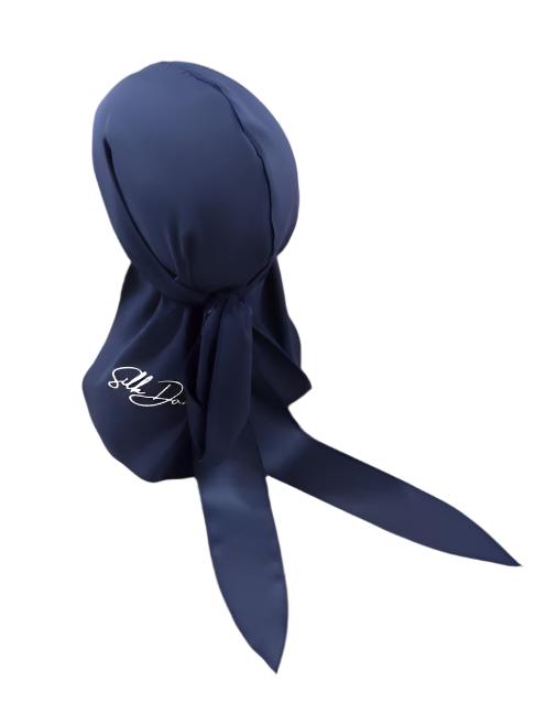 blue Durag- back of durag with logo in corne