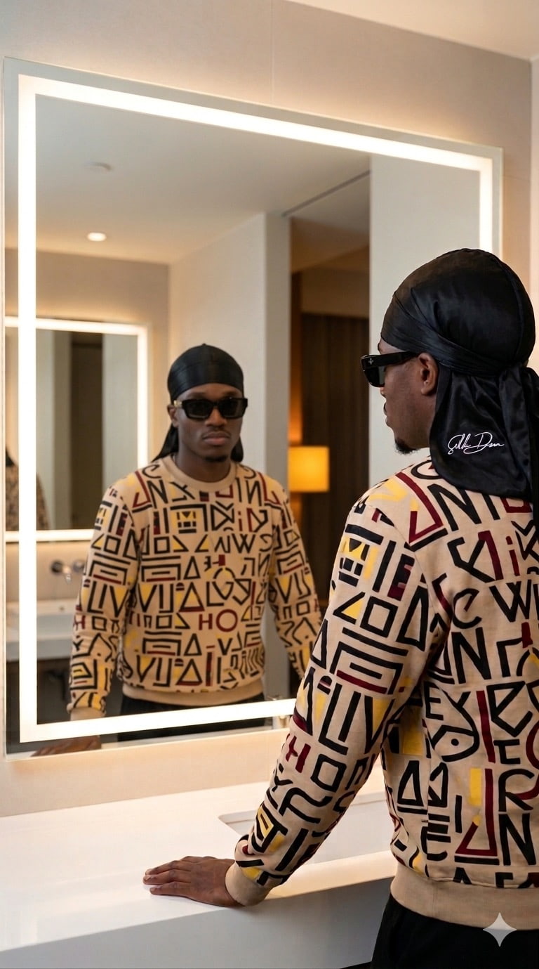 Person wearing a Black SilkDon Durag in mirror