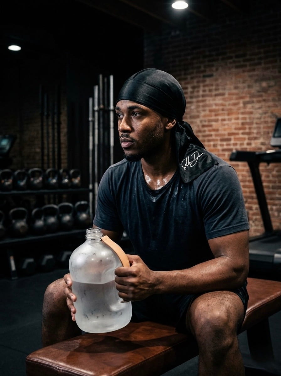 Man wearing Black SilkDon Durag holding a large water bottle in a gym 