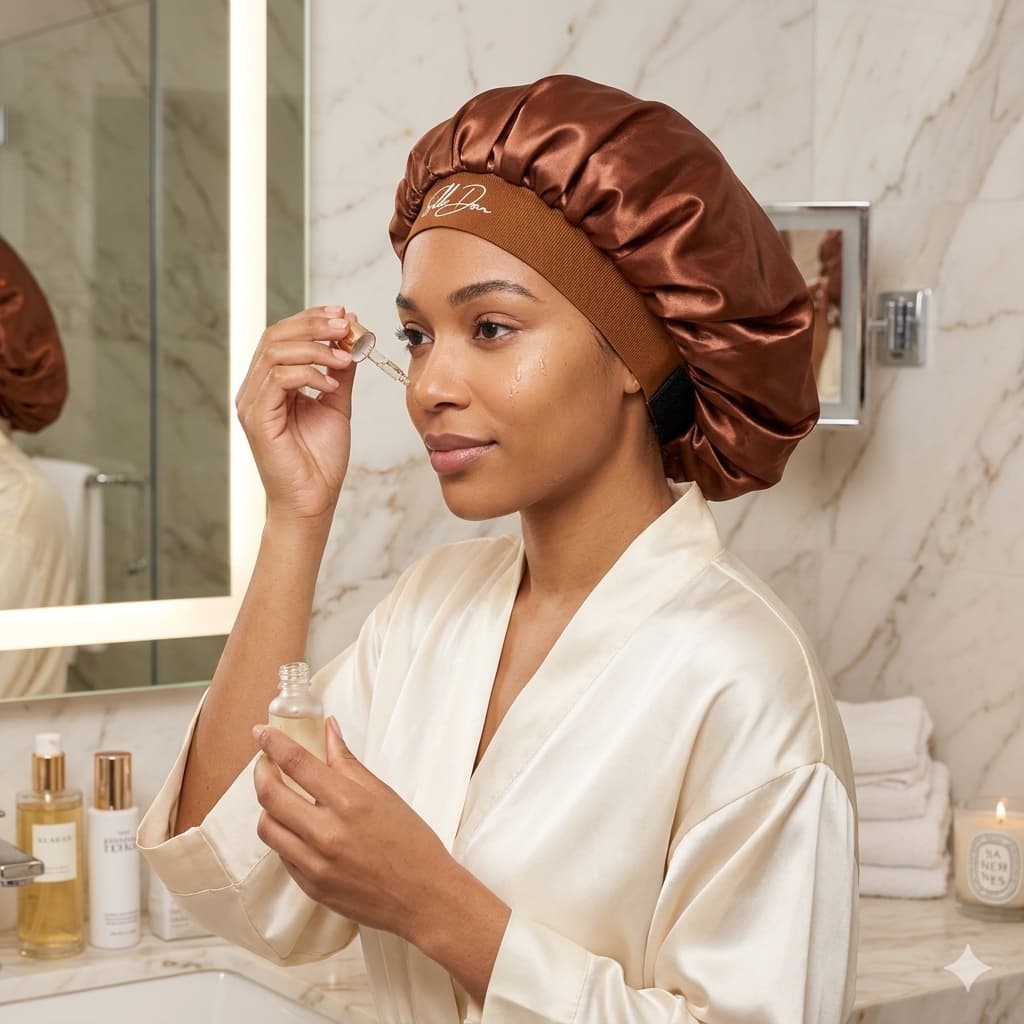 Woman applying skincare product wearing Brown SilkDon Bonnet in a bathroom setting