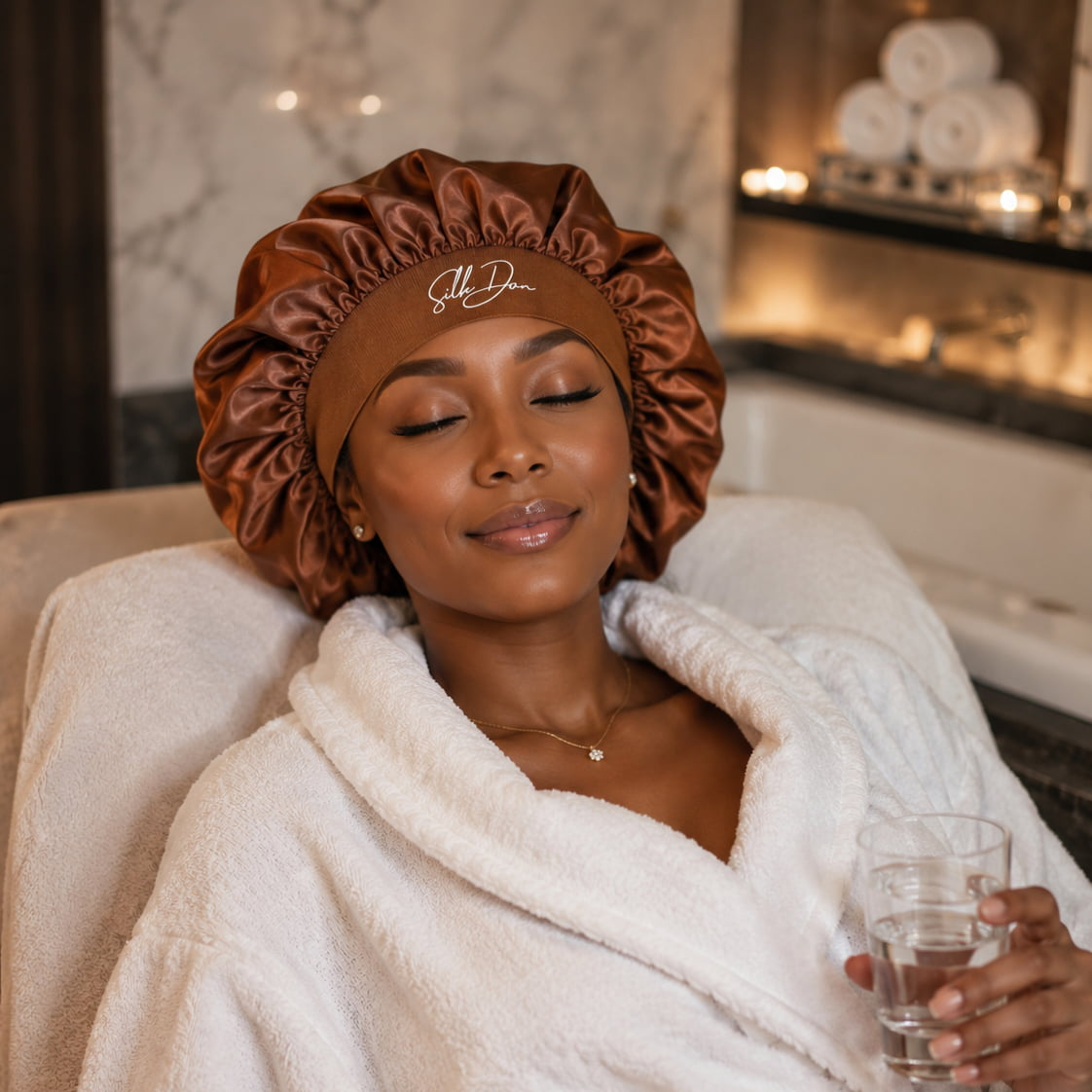 Woman in a brown SilkDon bonnet and white robe holding a glass of water in a bathroom.