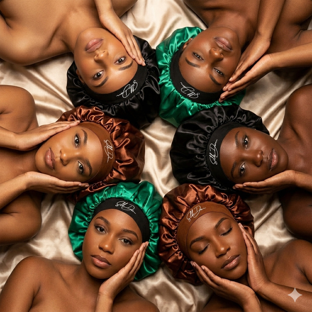 Multiple people wearing colorful SilkDon Bonnets on a beige fabric