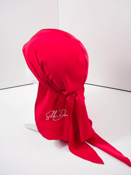 Red durag-back angle with logo in corner 